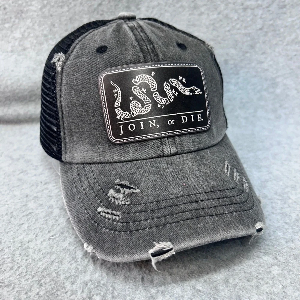 Join or Die Snake Patch Womens Gray Trucker Hat Ponytail Distressed OSFA
